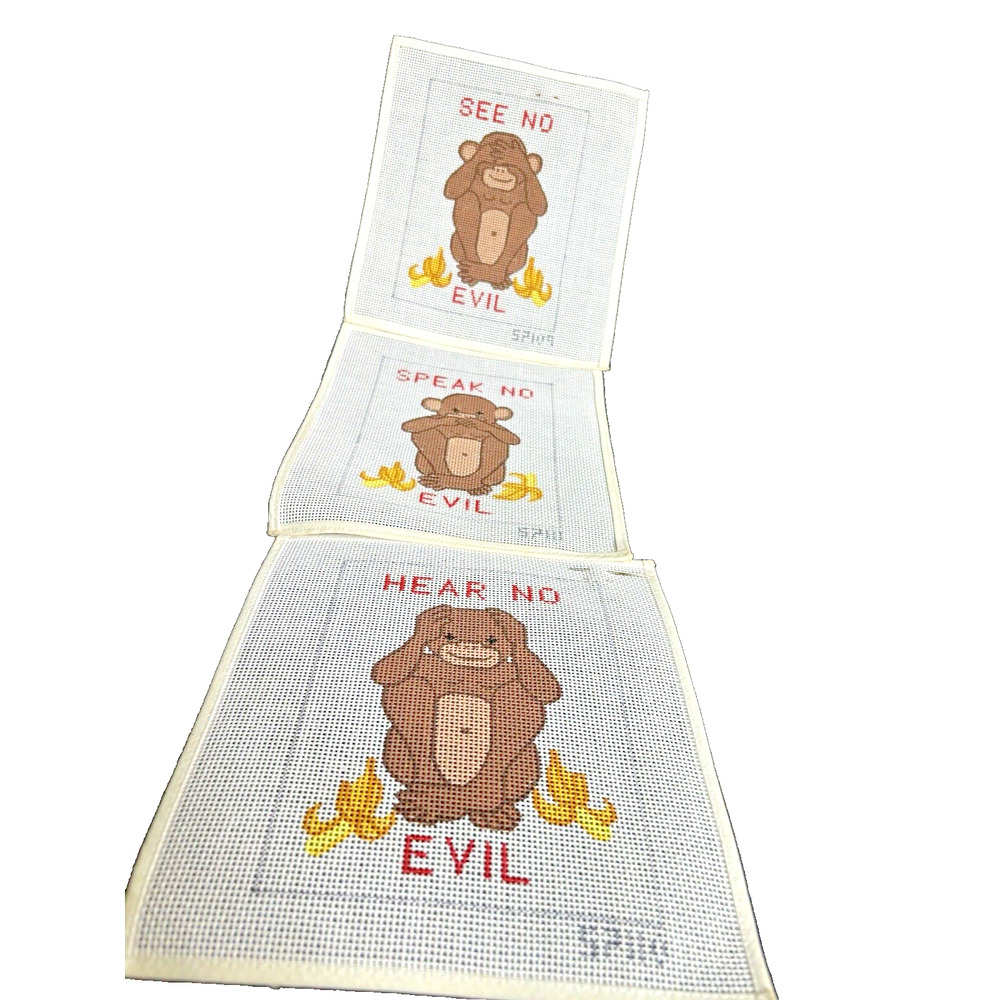 3 Hand Painted Needlepoint Canvas Monkeys Hear No Evil See No Evil Hear No Evil - Picture 2 of 8